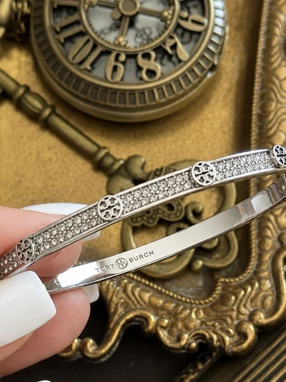 TORY BURCH • Silver Thin Icon Pave Crystal Hinge Bracelet